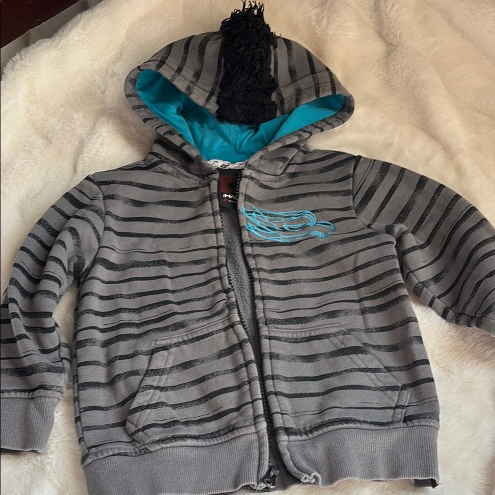Gray Striped Kids Hoodie with Blue Accents